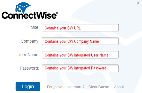 Connect and Pay needs your connectwise login details